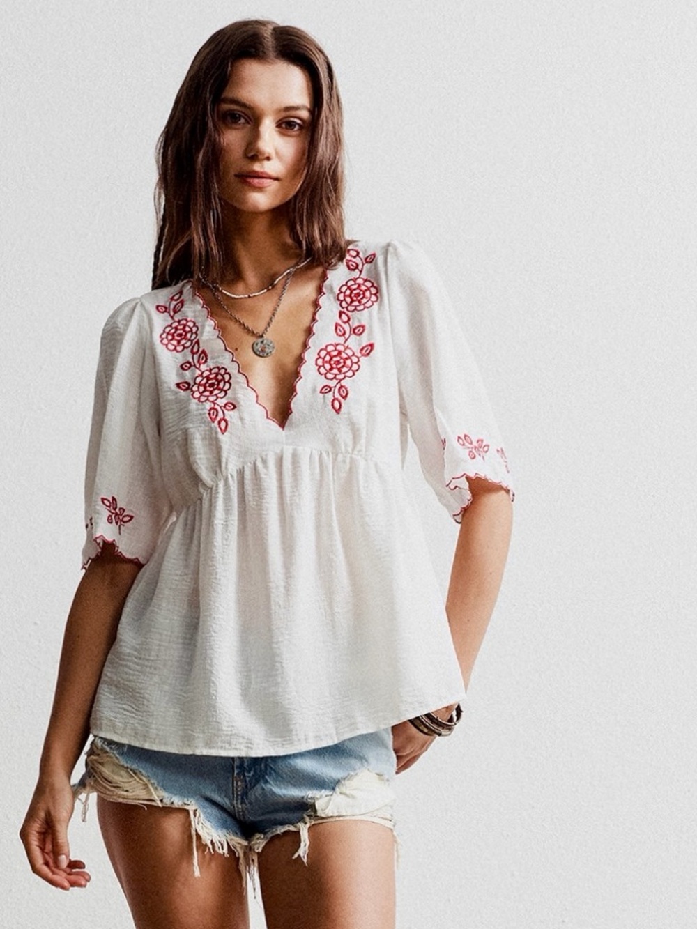 ♥️Hello Gorgeous! Embroidered Floral V-Neck Blouse - White